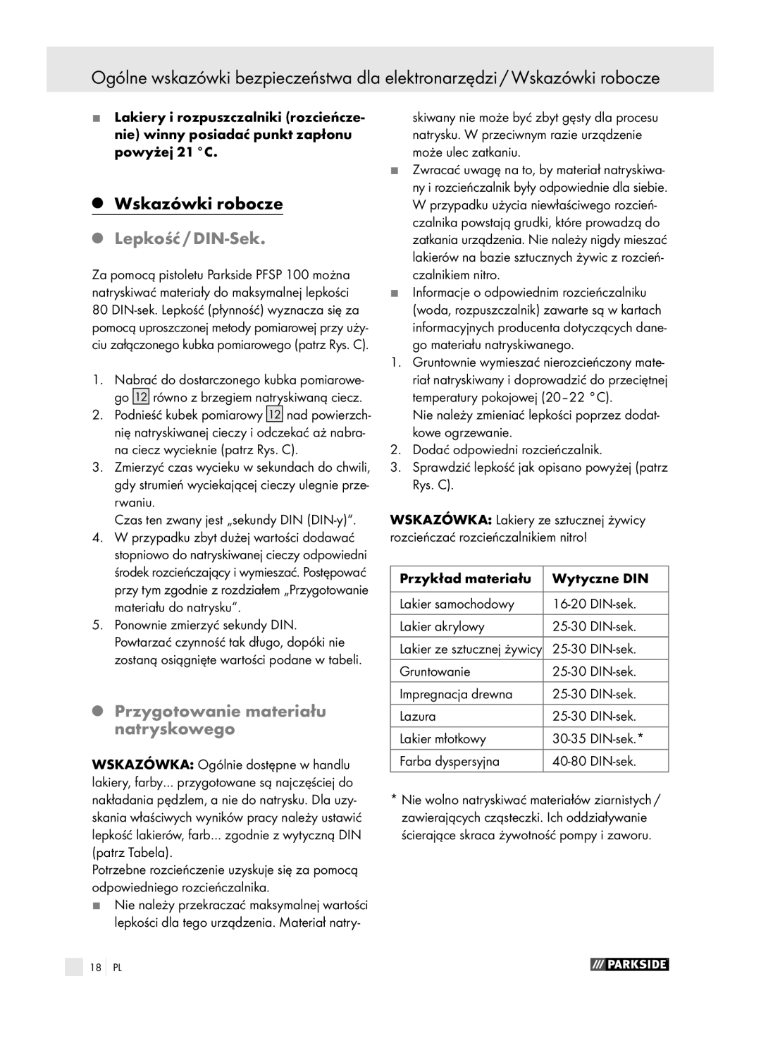 Parkside PFSP 100 manual Lepkość / DIN-Sek, Przygotowanie materiału natryskowego 